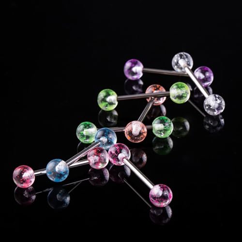 48pcs 14G Stainless Steel Nipple Rings Candy Color Tongue Straight Barbell Piercing Glow in Dark Retainer Piercing Jewelry for Women Men 16mm Bar