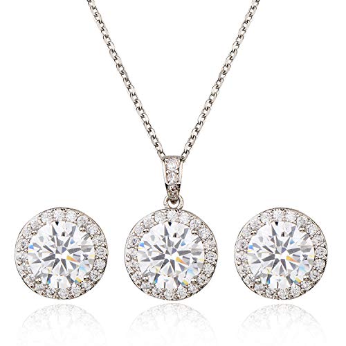 Bridal Crystal Jewelry Set - Sterling Silver Round Cubic Zirconia CZ Rhinestone Halo Birthstone Pendant Necklace Stud Earrings Set for Wedding Bride Bridesmaids Birthday Gift - color: White Gold