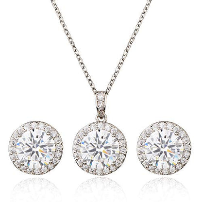Bridal Crystal Jewelry Set - Sterling Silver Round Cubic Zirconia CZ Rhinestone Halo Birthstone Pendant Necklace Stud Earrings Set for Wedding Bride Bridesmaids Birthday Gift - color: White Gold