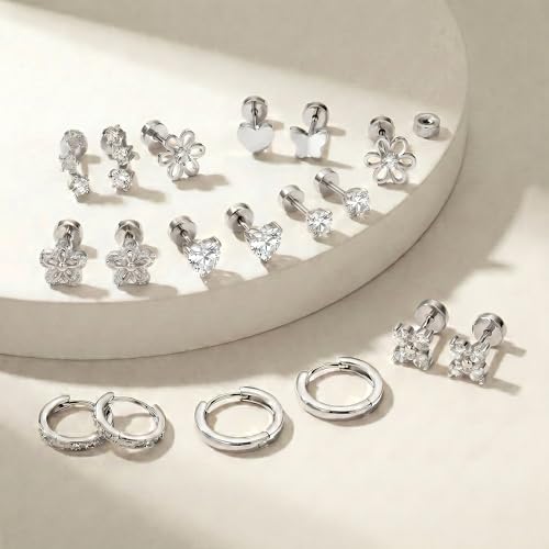 Surgical Stainless Steel Stud Earrings Set for Women | Hypoallergenic, Sensitive Flat Back, Small Cute Hoop Earring Sets, Lobe Helix Cartilage Stacks, Multiple Piercing Jewelry - color: Silver
