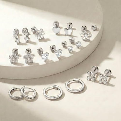 Surgical Stainless Steel Stud Earrings Set for Women | Hypoallergenic, Sensitive Flat Back, Small Cute Hoop Earring Sets, Lobe Helix Cartilage Stacks, Multiple Piercing Jewelry - color: Silver