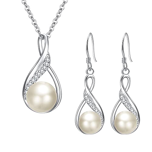 EleQueen 925 Sterling Silver CZ Freshwater Cultured Pearls Bridal Pendant Necklace Earrings Wedding Jewelry Sets, Valentine's Day/Mother's Day/Christmas Gift - style: 02-Preserved Real Rose Box+Ivory Pearl Jewelry Set