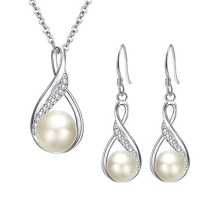 EleQueen 925 Sterling Silver CZ Freshwater Cultured Pearls Bridal Pendant Necklace Earrings Wedding Jewelry Sets, Valentine's Day/Mother's Day/Christmas Gift - style: 02-Preserved Real Rose Box+Ivory Pearl Jewelry Set