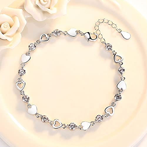 Love Heart Charm Chain Bracelet for Women, Silver Bangle with Zircon Fashion Jewelry Gifts