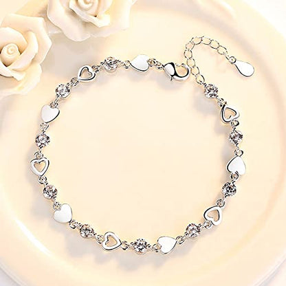 Love Heart Charm Chain Bracelet for Women, Silver Bangle with Zircon Fashion Jewelry Gifts