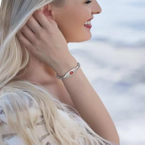LinnaLove Fashion Shiny medical alert bracelet with Free Engraving Stainless steel Medical id bracelet for Women - color: Crystal heart
