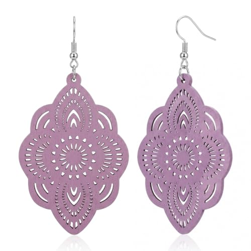 Boho Black Filigree Dangle Earrings for Women, Lightweight Hollow Lace Drop, Wood, 3.34" x 1.69", Bohemian Jewelry - color: Light Purple