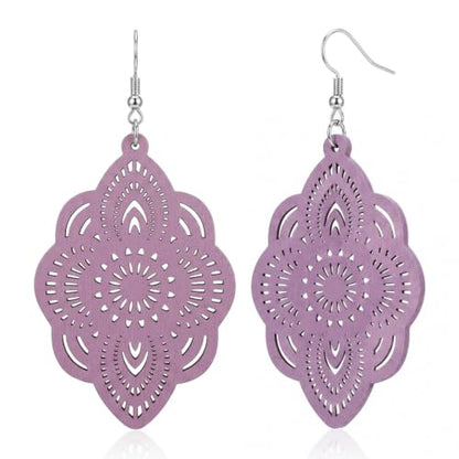 Boho Black Filigree Dangle Earrings for Women, Lightweight Hollow Lace Drop, Wood, 3.34" x 1.69", Bohemian Jewelry - color: Light Purple