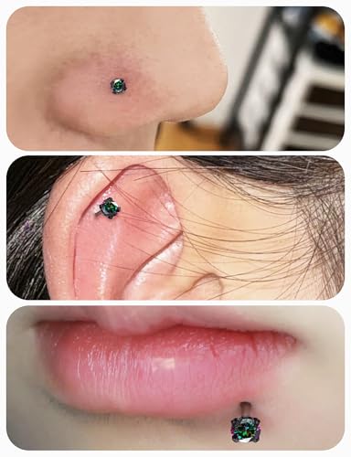 18G 16G 14G Internally Threaded Nose Rings Studs Flat Back Earrings Surgical Steel CZ Nose Rings Stud Tragus Helix Conch Cartilage Earrings Stud Piercing Jewelry For Women Men Hypoallergenic - color: Black-Rainbow CZ, size: 14 Gauge-6mm Bar-2mm CZ