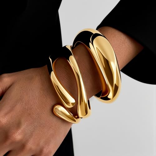Chunky Gold Bangle Bracelets for Women, 3PCS Dainty Gold Plated Cuff Bracelet Big Stackable Bangles Set, Trendy Statement Chunky Bracelet Stack Fashion Jewelry Gifts
