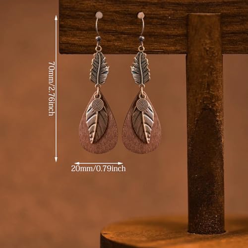 Bohemian Lightweight Vintage Copper Wooden Teardrop Feather Dangle Drop Earrings Retro Handmade Leaf Hook Earrings for Women