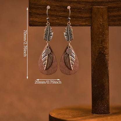 Bohemian Lightweight Vintage Copper Wooden Teardrop Feather Dangle Drop Earrings Retro Handmade Leaf Hook Earrings for Women