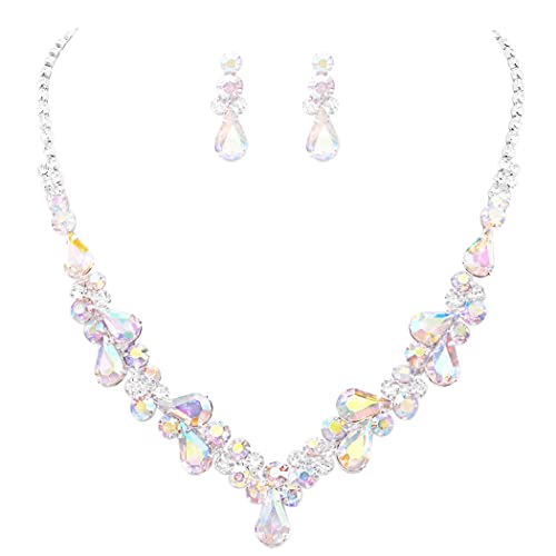 Rosemarie Collections Women's Stunning Rhinestone Crystal Teardrop Statement Necklace Hypoallergenic Drop Earrings Set, 15"+6" Extender - color: AB Crystal Silver Tone