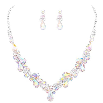 Rosemarie Collections Women's Stunning Rhinestone Crystal Teardrop Statement Necklace Hypoallergenic Drop Earrings Set, 15"+6" Extender - color: AB Crystal Silver Tone