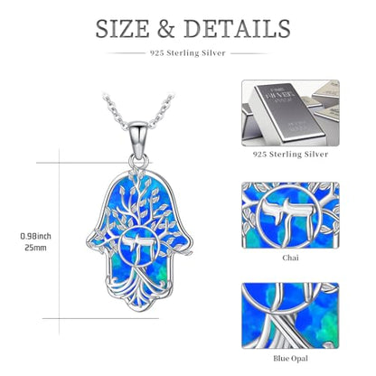 Hamsa Necklace 925 Sterling Silver Evil Eye/Lotus Flower/Star of David/Chai/Yin Yang Hamsa Hand Pendant Jewelry Hand of Fatima Gifts for Women - style: Chai-Blue Opal