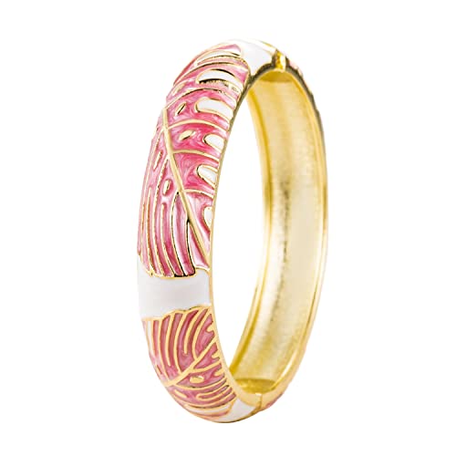Hawaiian Monstera Luau Leaves Hinged Clasp Fashion Enamel Bangle Bracelet - color: Pink