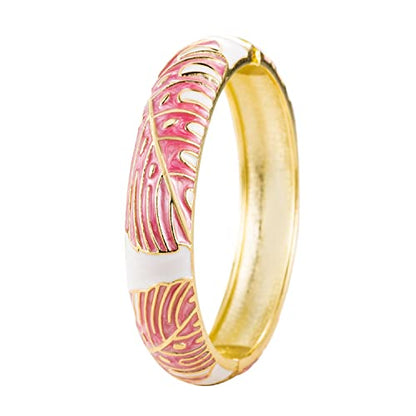 Hawaiian Monstera Luau Leaves Hinged Clasp Fashion Enamel Bangle Bracelet - color: Pink