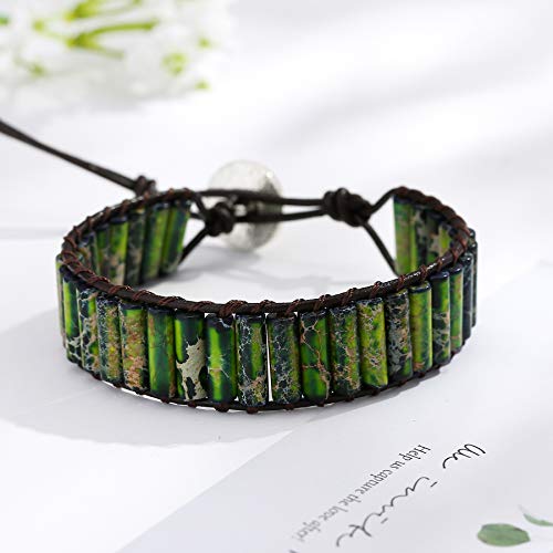 Plumiss Women Boho Handmade Natural Stone Crystal Leather Bead Wrap Bracelets Collection - style: Green Jasper 1W