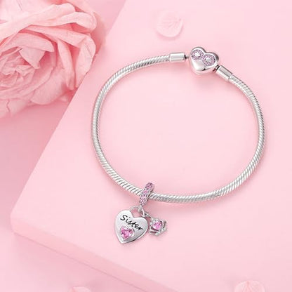 Family Charms for Charms Bracelet: 925 Sterling Silver Heart Dangle Charms for Bracelets and Necklaces, Birthday Mother's Day Christmas Jewelry Gifts For Women. - color: Sister