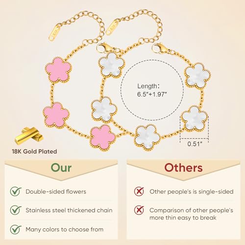 Women Gold Bracelets Jewelry Set - 3Pcs 18K Gold Plated Floral Bracelet,Stainless Steel Charm Bracelet Non-Tarnish,Adjustable Lucky Chain Trendy Gift,Christmas Valentines Birthday Gifts for Girlfriend - style: White&Pink