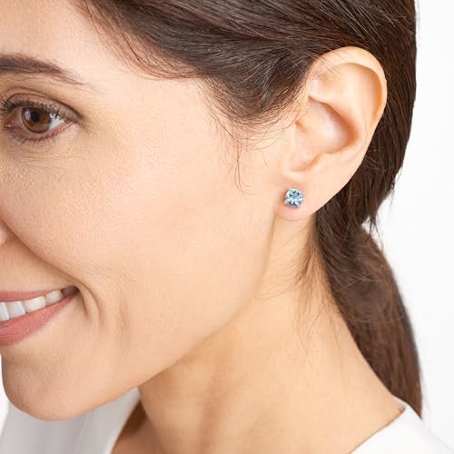 Amazon Essentials Sterling Silver Round Birthstone Stud Earrings - color: Blue Aquamarine, March