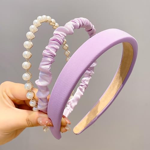 TEBIEKOY 3PCS Headbands for Women Girls, Purple Pearl Non-Slip Wide Head Bands, Fashion Padded Cute Thin Vintage Hair Accessories - color: purple