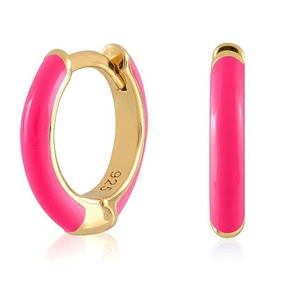 14K Gold Plated Sterling Silver Enamel Color Huggie Hoop Earrings for Women – Wide Range of Vibrant Color Options Available - color: Pink ( Light , Neon )