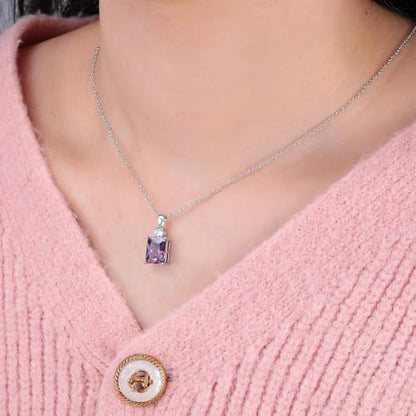 CiNily Rectangular Crystal Necklace for Women Trendy, Pendant Necklace with Chain 14K White Gold | Gold Plated Multicolor Birthstone Pendant Necklaces Boho Jewelry for Christmas Birthday Wedding - color: Silver-Purple cz