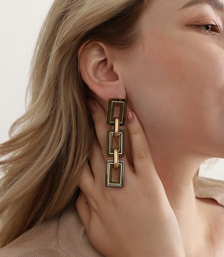 Ozel - Natural Wooden Acrylic Boho Drop Dangle Earrings for Women - Geometric Statement Jewellery - Brown, Black, Magent Red, Olive Green, White beige - color: 3Square_Olive
