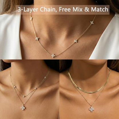 14k Gold Plated Layered Cubic Zirconia Pendant Necklace for Women | Gold Plated Clover Necklaces Stackable Dainty Cubic Zirconia Pendant Necklace，Mother's Day, Thanksgiving Jewelry Trendy gifts - color: Golden, style: Style1
