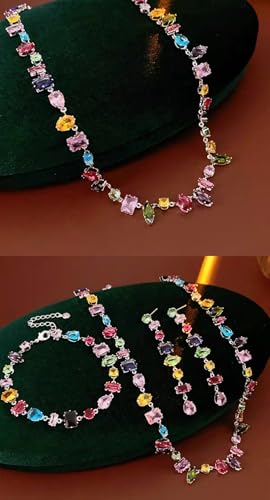 Silver Plated Rainbow Crystal Necklace, Sparkly Cubic Zirconia Rhinestone Multicolor Chain Choker Bracelet Earring Jewelry Set - style: Earrings