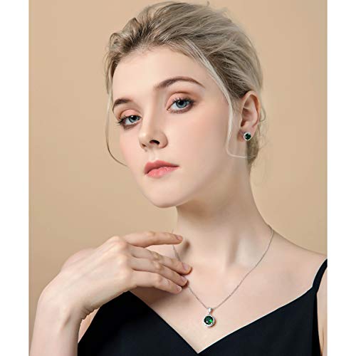 AMYJANE Halo Crystal Jewelry Set - Sterling Silver Round Cubic Zirconia Crystal Bridal Pendant Necklace Earrings Set for Wedding Bride Bridesmaids - color: Emerald