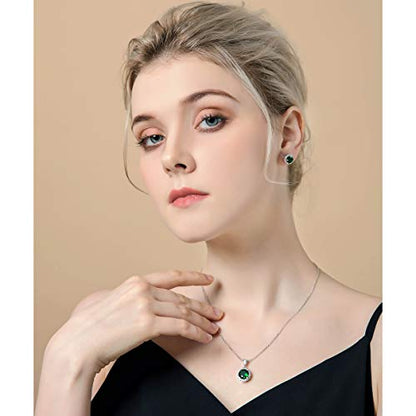 AMYJANE Halo Crystal Jewelry Set - Sterling Silver Round Cubic Zirconia Crystal Bridal Pendant Necklace Earrings Set for Wedding Bride Bridesmaids - color: Emerald