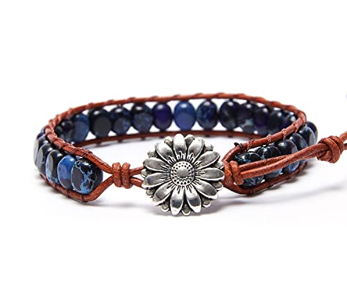 7 Chakra Bracelet Bohemian Handmade Leather Wrap Healing Protection Natural Stone Yoga Beaded Bracelets Boho Friendship Jewelry - color: Navy Blue Turquoise