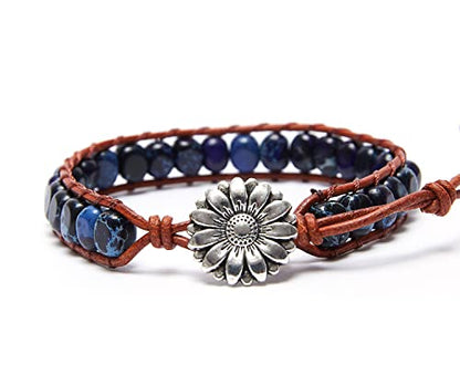 7 Chakra Bracelet Bohemian Handmade Leather Wrap Healing Protection Natural Stone Yoga Beaded Bracelets Boho Friendship Jewelry - color: Navy Blue Turquoise