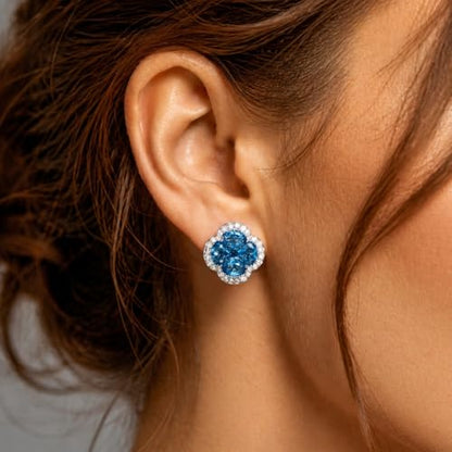 Green/Blue Zircon 4-Leaf Clover Jewelry Set – Necklace, Ring, Earrings – Women's Wedding & Evening Gift for Wife, Girlfriend, Mother – Comes with Gift Box - color: Blue Earrings