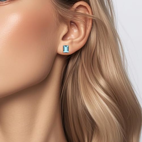 Rectangle Aquamarine Blue Crystal Sterling Silver Stud Earrings Sparkly Gemstone Dainty Fashion Jewelry for Women