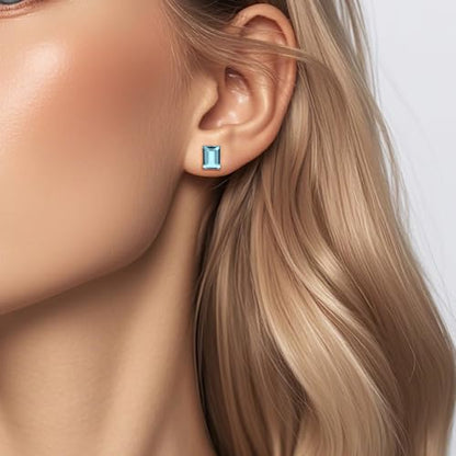 Rectangle Aquamarine Blue Crystal Sterling Silver Stud Earrings Sparkly Gemstone Dainty Fashion Jewelry for Women