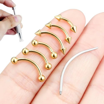 Internally Threaded Eyebrow Piercing Jewelry Surgical Steel Tiny Eyebrow Rings Vertical Labret Lip Jewelry Small Ear Rook Earring for Women Men 18g 16g 14g Plus Piercing Ball Grabber Tool - color: goldtone, size: 16g,ball+spike end