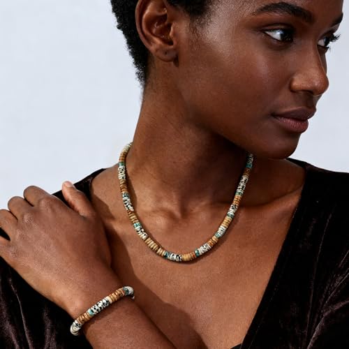 Beaded Necklaces for Women 3Pcs Colorful Boho Gemstone Bead Choker Summer Natural Stone Surfer Beach Bead Necklace Bracelets Earring Set Handmade Jewelry for Women Gift Jewelry Sets - color: 01-brown