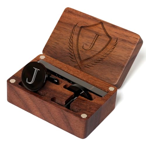 Mens Initial Cufflinks and Tie Clip A-Z Alphabet Letter Black Stainless Cuff Links Tie Bar with Engraved Walnut Wood Box Groom Groomsman Wedding Set - style: Classic-J