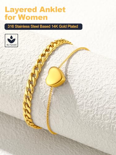 U7 2Pcs/3Pcs Ankle Bracelets for Women, Stainless Steel Cuban Link/Figaro/Rope/Heart Chain Anklets Sets,Waterproof Layered Anklets Adjustable 8.5"-10.5" - color: 02. 2Pcs Style B-Gold