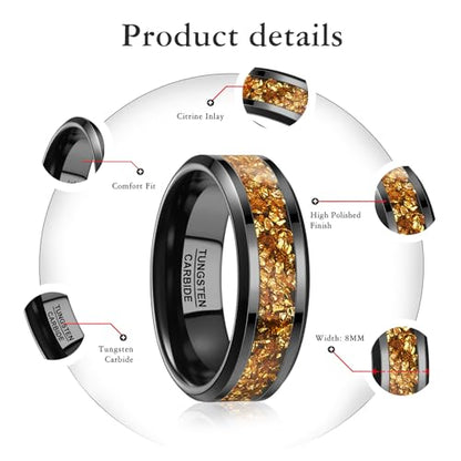 NUNCAD Black Tungsten Ring, Men's Wedding Rings with Blue/Amethyst/Galaxy Opal Ring 4mm 8mm Engagement Promise Ring Comfort Fit Size 5-12 - color: Citrine & 8mm