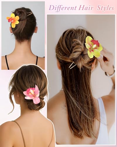 WELROG 3-Pcs Metal Hawaiian Orchid Hair Pins, Non-Slip Stick for Beach Updo | Tropical Flower Vibes,Weddings and Vacations - color: Yellow+Pink+Greem