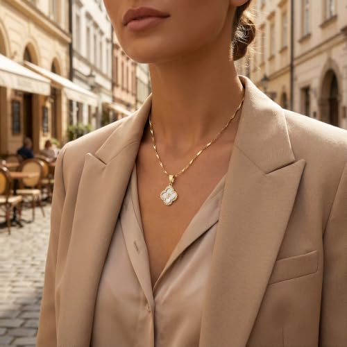LETFLY 14K Four Leaf Clover Natural Shells Initial A-Z Necklaces for Women - color: Gold, style: Letter F