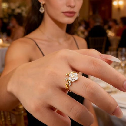Elegant Cz Camellia Adjustable Open Band Statement Ring for Women Gold Tone Dainty Crystal Enamel Floral Statement Finger Band Rings Wedding Party Fashion Jewelry