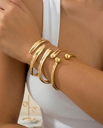 Chunky Gold Bangle Bracelets for Women, 14k Gold Plated Dainty Cuff Stackable Bangles Set, Trendy Bracelet Stack Fashion Jewelry Gifts - color: 06-GOLD