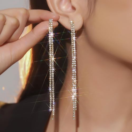 Rhinestone Earrings Prom Earrings for Women Sparkly Long Tassel Chandelier Drop Statement Earring Jewerly Gifts Wedding Party Prom Dresses Accessories - color: C2:gold