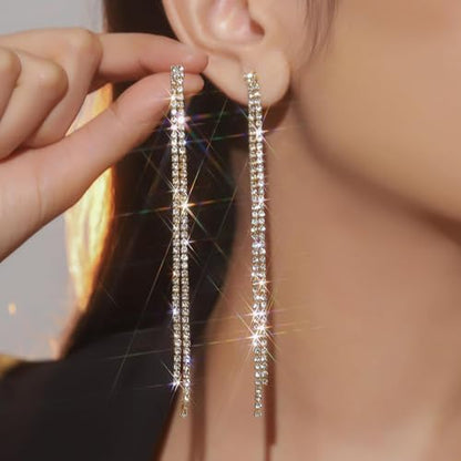 Rhinestone Earrings Prom Earrings for Women Sparkly Long Tassel Chandelier Drop Statement Earring Jewerly Gifts Wedding Party Prom Dresses Accessories - color: C2:gold