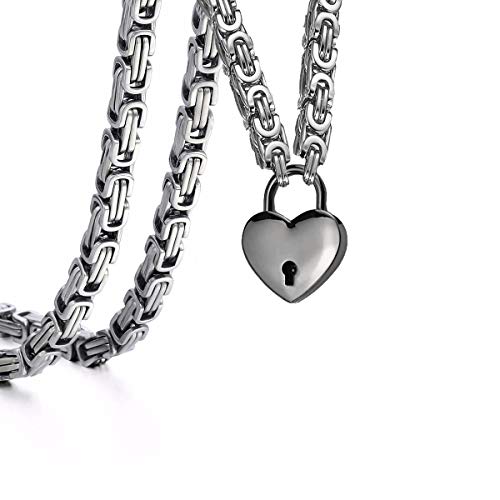 Heart Padlock Collar Stainless Steel Lock Necklace Byzantine Chain Necklace Locking Collar Choker for Men Women Jewelry - style: B